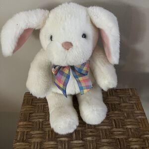 White Easter Bunny Stuffed Animal Plushie with Plaid Bow 9 x 6 x 4